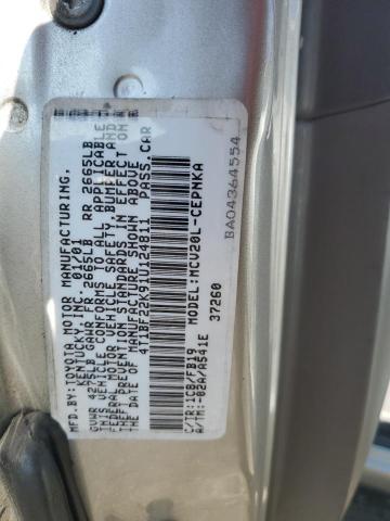 4T1BF22K91U124811 - 2001 TOYOTA CAMRY LE 银色 照片 12