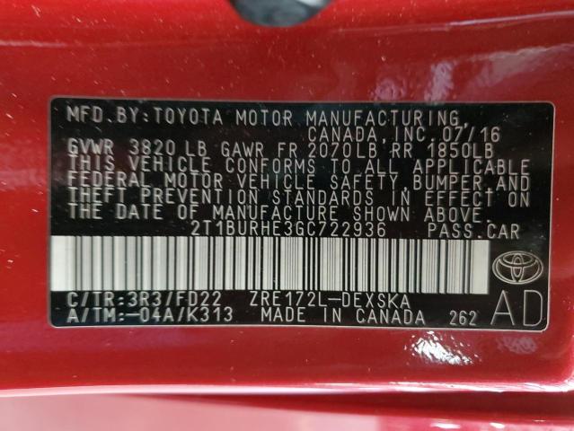 2T1BURHE3GC722936 - 2016 TOYOTA COROLLA L 红色 照片 13