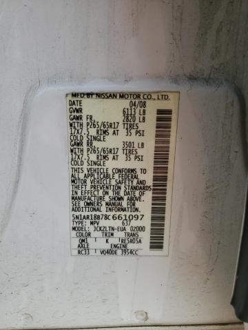 5N1AR18B78C661097 - 2008 NISSAN PATHFINDER S WHITE photo 13