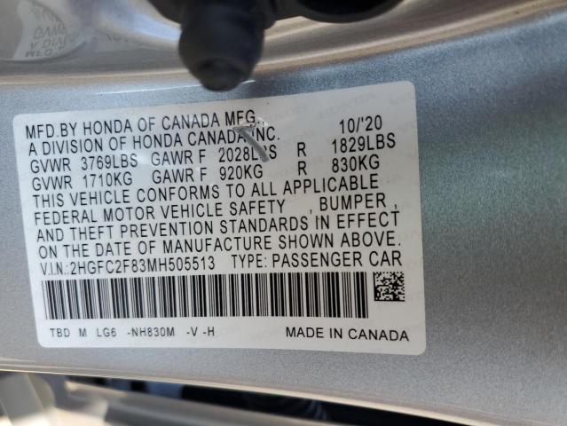 2HGFC2F83MH505513 - 2021 HONDA CIVIC SPORT SILVER photo 12