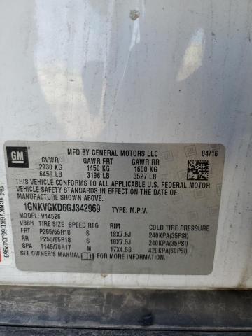 1GNKVGKD6GJ342969 - 2016 CHEVROLET TRAVERSE LT WHITE photo 12