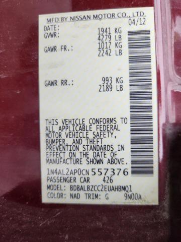 1N4AL2AP0CN557376 - 2012 NISSAN ALTIMA BASE 栗色 照片 13