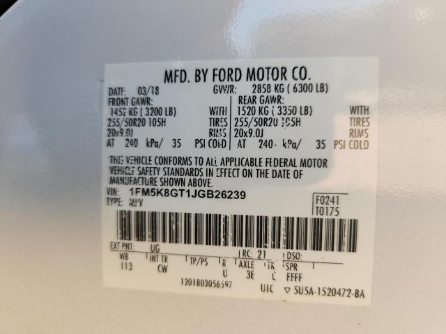 1FM5K8GT1JGB26239 - 2018 FORD EXPLORER SPORT Білий фото 14