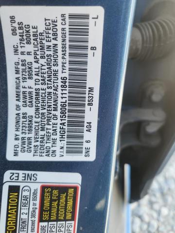 1HGFA15806L111846 - 2006 HONDA CIVIC EX BLUE photo 12
