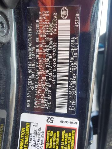 4T1B11HK4KU175392 - 2019 TOYOTA CAMRY L BLACK photo 13