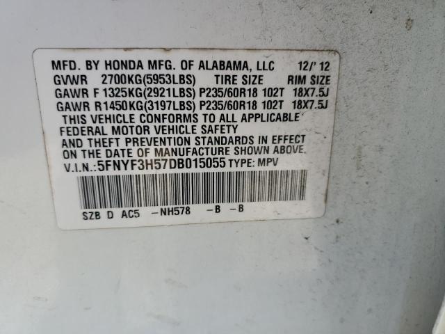 5FNYF3H57DB015055 - 2013 HONDA PILOT EXL WHITE photo 13