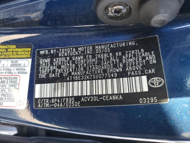 4T1BE32K75U077549 - 2005 TOYOTA CAMRY LE BLUE photo 13