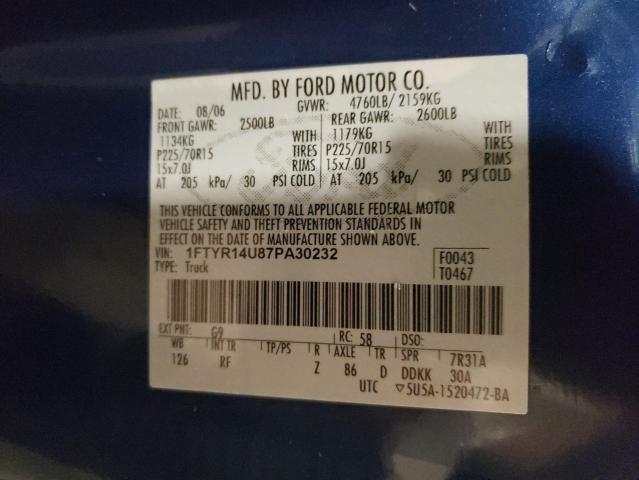 1FTYR14U87PA30232 - 2007 FORD RANGER SUPER CAB BLUE photo 13