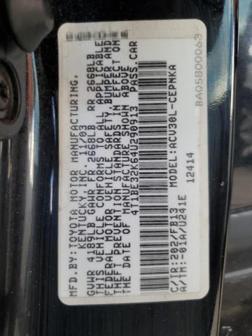4T1BE32K64U290913 - 2004 TOYOTA CAMRY LE BLACK photo 12