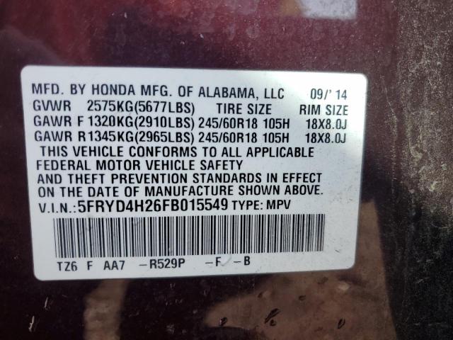 5FRYD4H26FB015549 - 2015 ACURA MDX MAROON photo 14