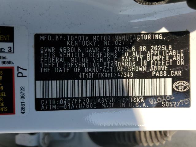 4T1BF1FK8HU747349 - 2017 TOYOTA CAMRY LE 白色 照片 12