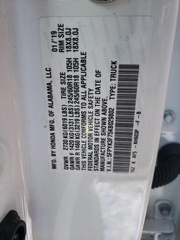 5FPYK3F75KB029802 - 2019 HONDA RIDGELINE RTL WHITE photo 12