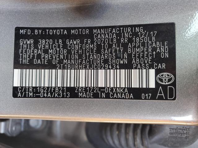 2T1BURHEXJC029434 - 2018 TOYOTA COROLLA L GRAY photo 12