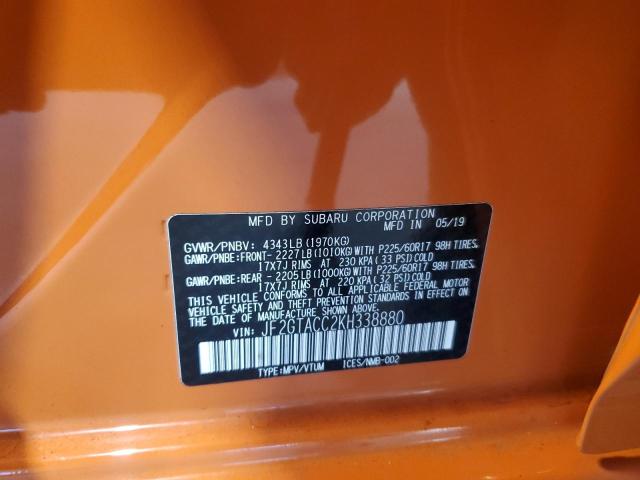JF2GTACC2KH338880 - 2019 SUBARU CROSSTREK PREMIUM Қызғылт сары фото 13
