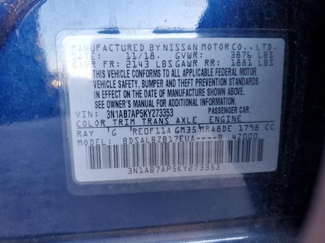 3N1AB7AP5KY273353 - 2019 NISSAN SENTRA S BLUE photo 12