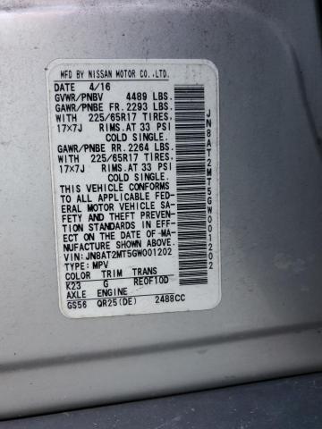 JN8AT2MT5GW001202 - 2016 NISSAN ROGUE S SILVER photo 13