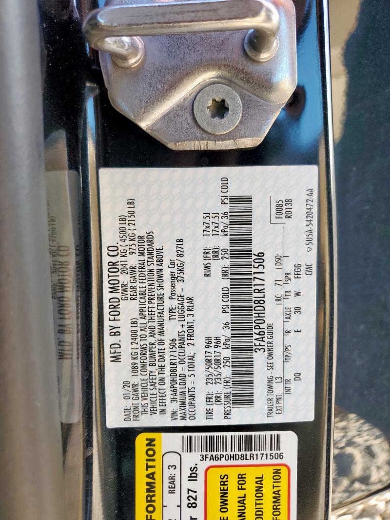 3FA6P0HD8LR171506 - 2020 FORD FUSION SE BLACK photo 12