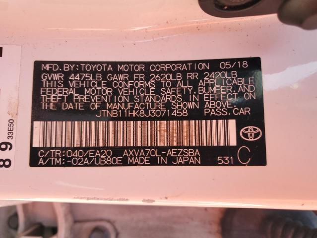 JTNB11HK8J3071458 - 2018 TOYOTA CAMRY L WHITE photo 12