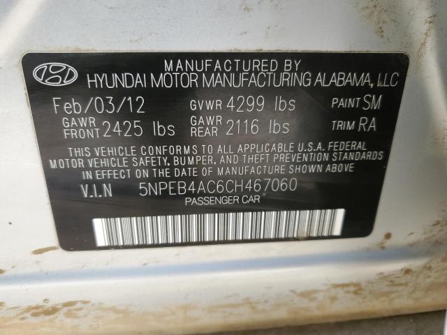 5NPEB4AC6CH467060 - 2012 HYUNDAI SONATA GLS SILVER photo 12