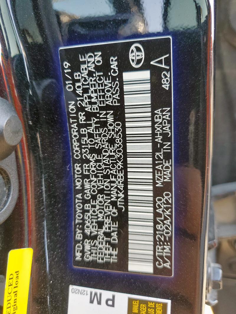 JTNK4RBE9K3038530 - 2019 TOYOTA COROLLA SE أسود صورة 14