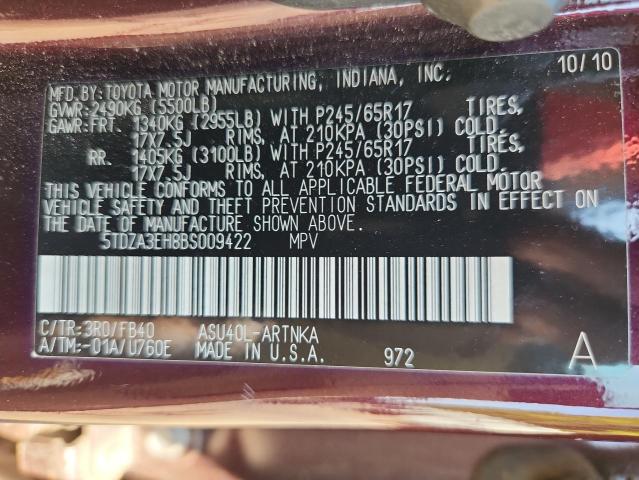 5TDZA3EH8BS009422 - 2011 TOYOTA HIGHLANDER BASE Բորդո լուսանկար 12