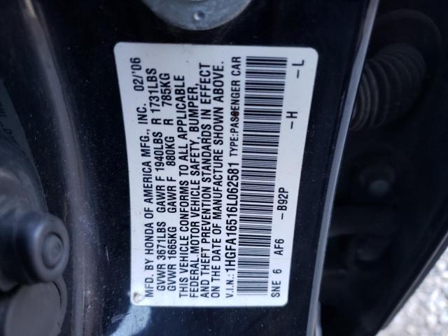 1HGFA16516L062581 - 2006 HONDA CIVIC LX BLACK photo 12