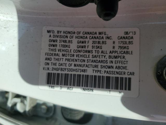 2HGFB2F53DH573481 - 2013 HONDA CIVIC LX WHITE photo 12