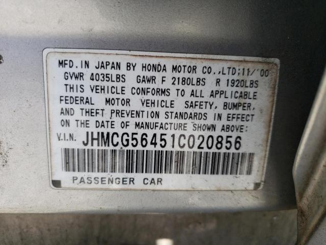 JHMCG56451C020856 - 2001 HONDA ACCORD LX SILVER photo 12