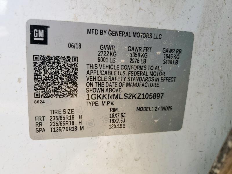 1GKKNMLS2KZ105897 - 2019 GMC ACADIA SLT-1 أبيض صورة 13