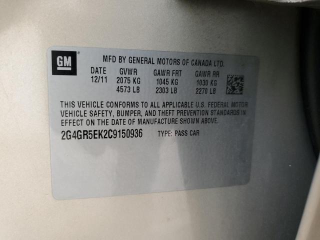 2G4GR5EK2C9150936 - 2012 BUICK REGAL Or photo 13