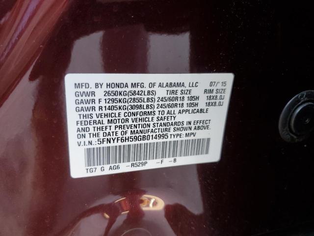 5FNYF6H59GB014995 - 2016 HONDA PILOT EXL MAROON photo 13