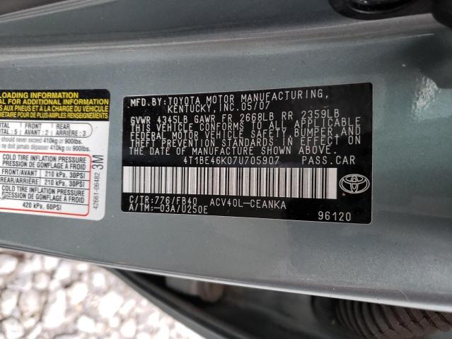 4T1BE46K07U705907 - 2007 TOYOTA CAMRY CE GREEN photo 12