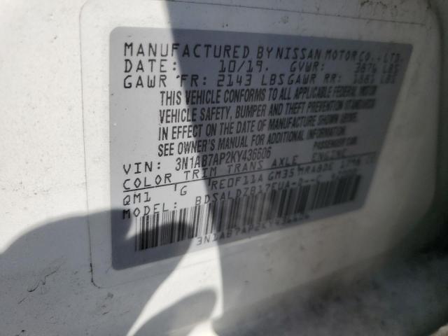 3N1AB7AP2KY436606 - 2019 NISSAN SENTRA S Սպիտակ լուսանկար 12