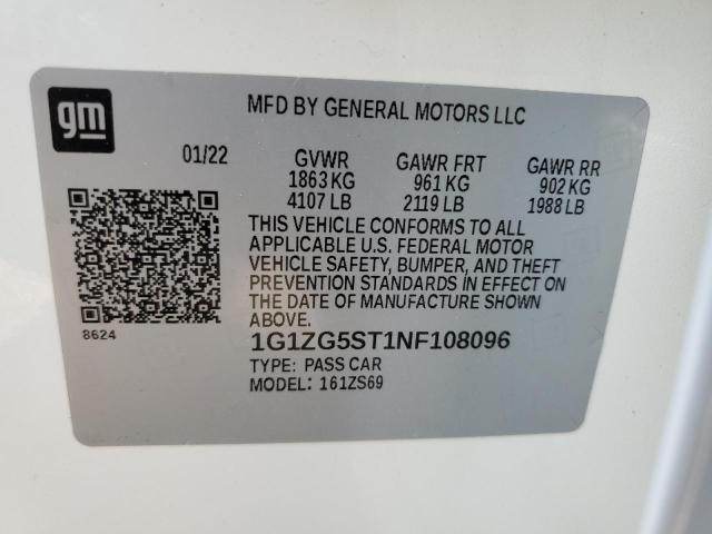 1G1ZG5ST1NF108096 - 2022 CHEVROLET MALIBU RS თეთრი ფოტო 13