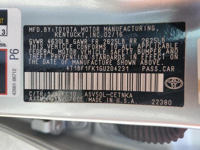 4T1BF1FK1GU204231 - 2016 TOYOTA CAMRY LE ვერცხლისფერი ფოტო 12