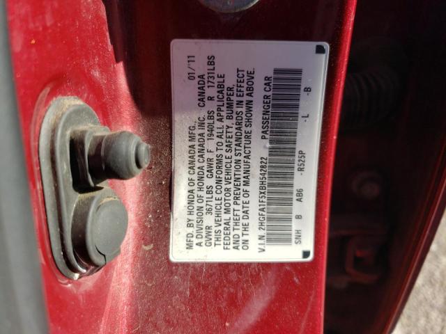 2HGFA1F5XBH542822 - 2011 HONDA CIVIC LX 勃艮第红 照片 12