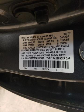 2HGFB2F57CH557962 - 2012 HONDA CIVIC LX GRAY photo 12