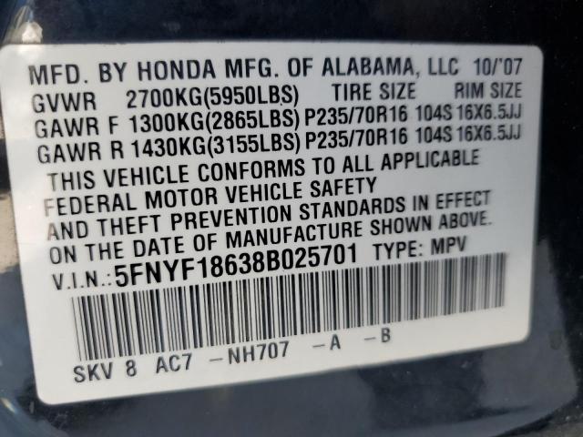 5FNYF18638B025701 - 2008 HONDA PILOT EXL BLACK photo 13