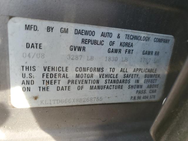 KL1TD666X8B268755 - 2008 CHEVROLET AVEO BASE Gümüş foto 13