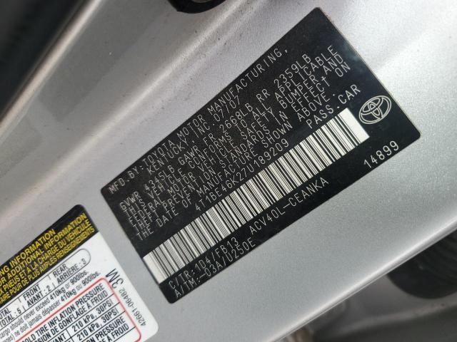 4T1BE46K27U189209 - 2007 TOYOTA CAMRY CE SILVER photo 12