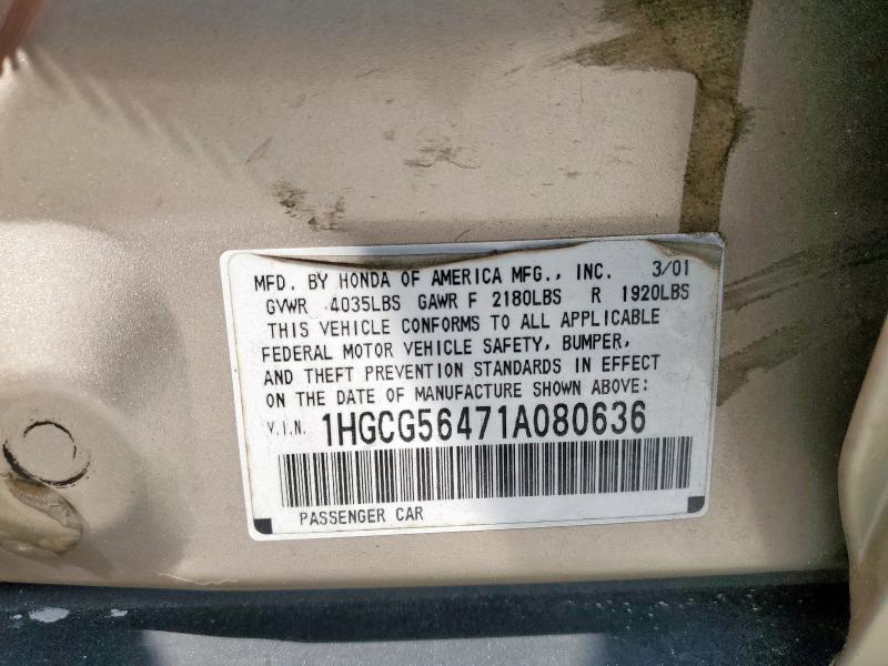 1HGCG56471A080636 - 2001 HONDA ACCORD LX 棕色 照片 12