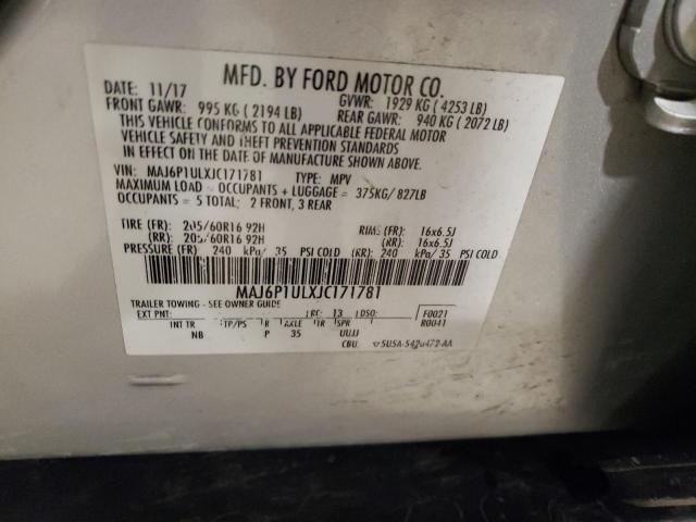 MAJ6P1ULXJC171781 - 2018 FORD ECOSPORT SE SILVER photo 12