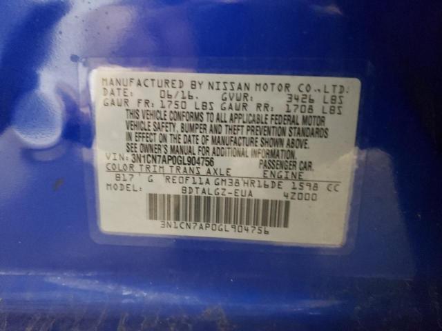 3N1CN7AP0GL904756 - 2016 NISSAN VERSA S BLUE photo 12