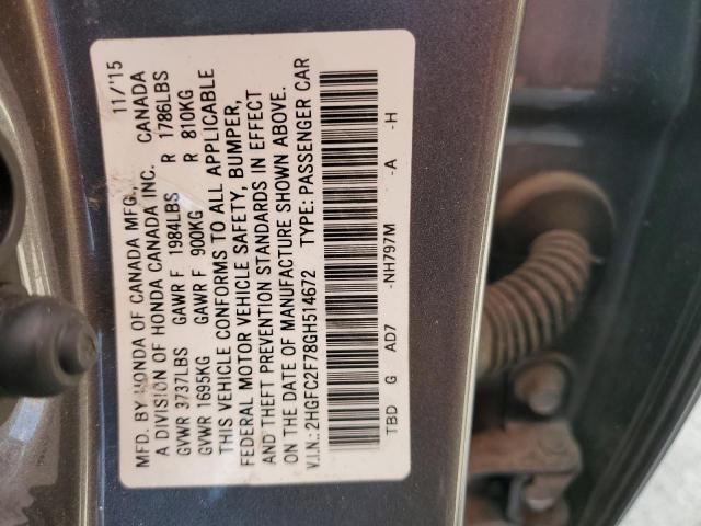 2HGFC2F78GH514672 - 2016 HONDA CIVIC EX GRAY photo 12