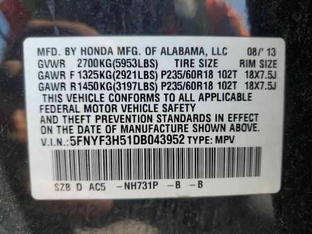 5FNYF3H51DB043952 - 2013 HONDA PILOT EXL 黑色 照片 13