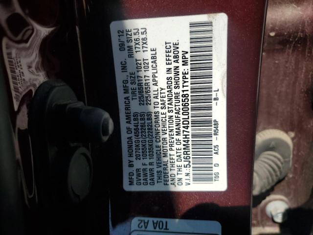 5J6RM4H74DL006581 - 2013 HONDA CR-V EXL MAROON photo 12
