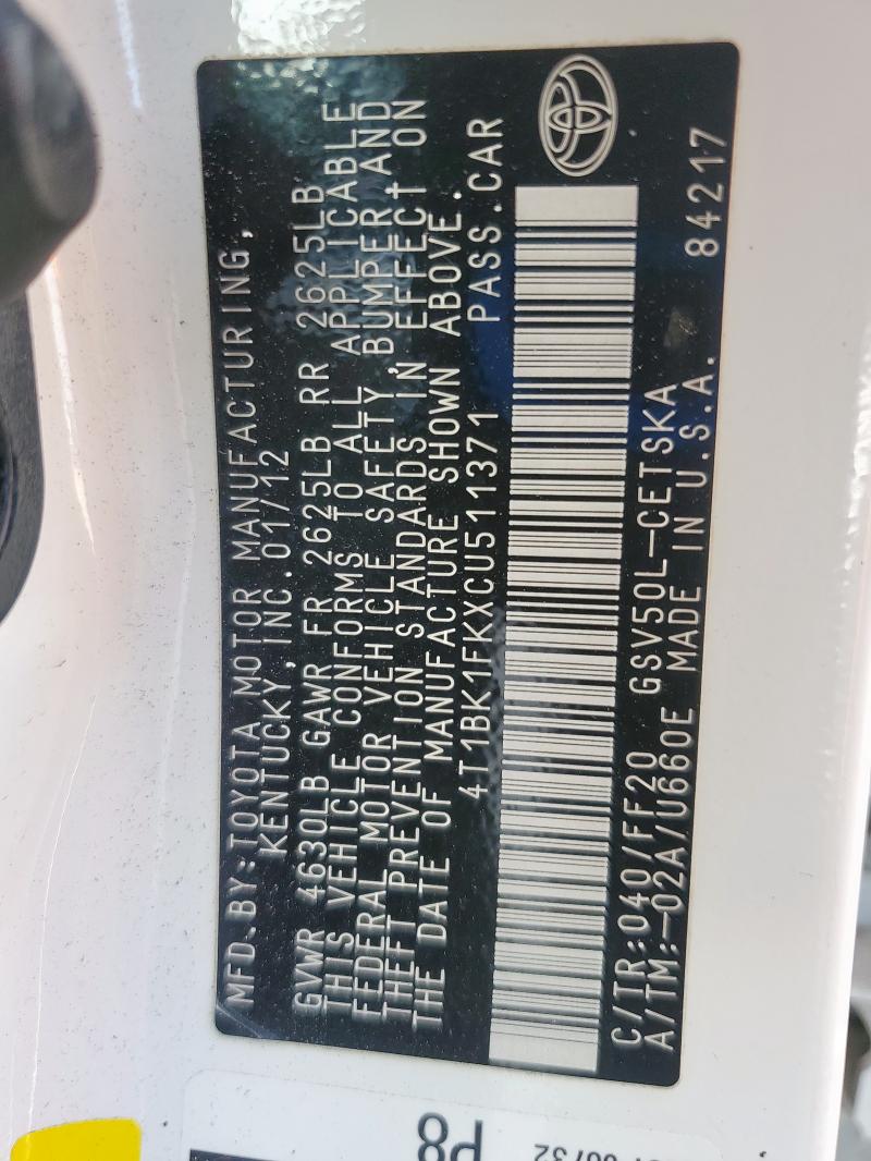 4T1BK1FKXCU511371 - 2012 TOYOTA CAMRY SE WHITE photo 12