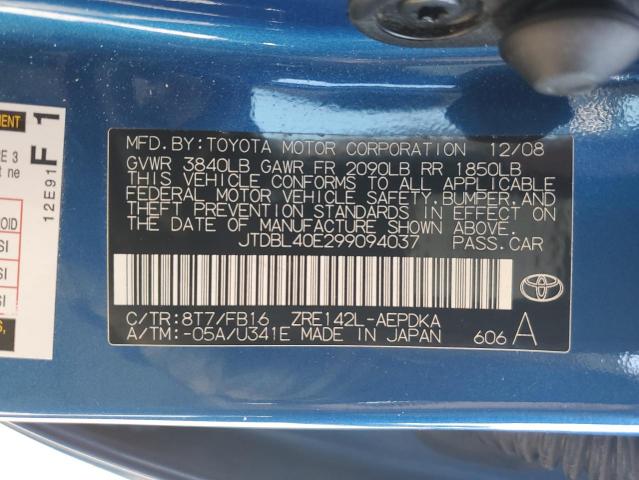 JTDBL40E299094037 - 2009 TOYOTA COROLLA BASE BLUE photo 12