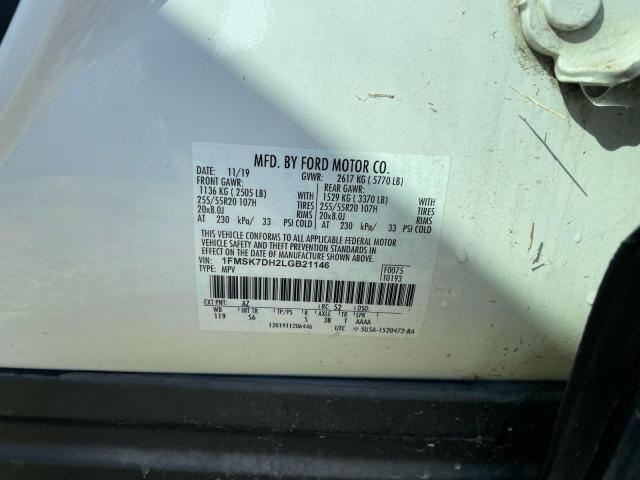 1FMSK7DH2LGB21146 - 2020 FORD EXPLORER XLT WHITE photo 10