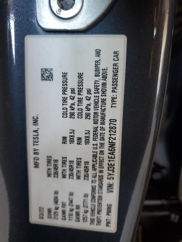 5YJ3E1EA6NF212870 - 2022 TESLA MODEL 3 灰色 照片 12